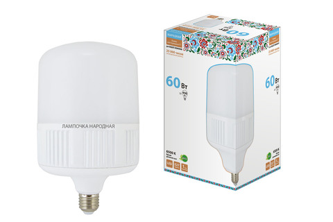 Лампа светодиодная T-60 Вт-230 В-6500 К–E27 (160x265 мм) НАРОДНАЯ Лампа светодиодная T-60 Вт-230 В-6500 К–E27 (160x265 мм) НАРОДНАЯ