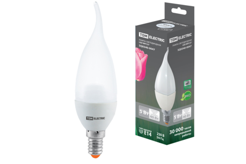 Лампа светодиодная WFC37-5 Вт-220 В -3000 К–E14 (свеча на ветру) TDM Лампа светодиодная WFC37-5 Вт-220 В -3000 К–E14 (свеча на ветру) TDM