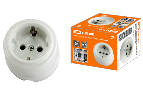 Розетка фарфоровая 2П+З 16А 250В белая «Болонь» TDM Розетка фарфоровая 2П+З 16А 250В белая «Болонь» TDM