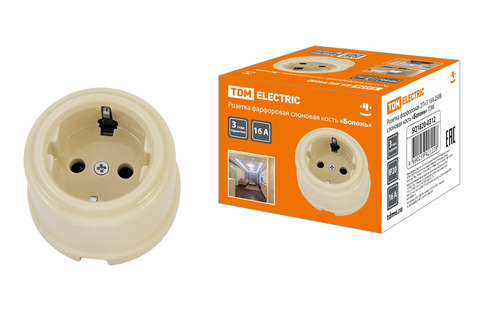 Розетка фарфоровая 2П+З 16А 250В сл. кость «Болонь» TDM Розетка фарфоровая 2П+З 16А 250В сл. кость «Болонь» TDM